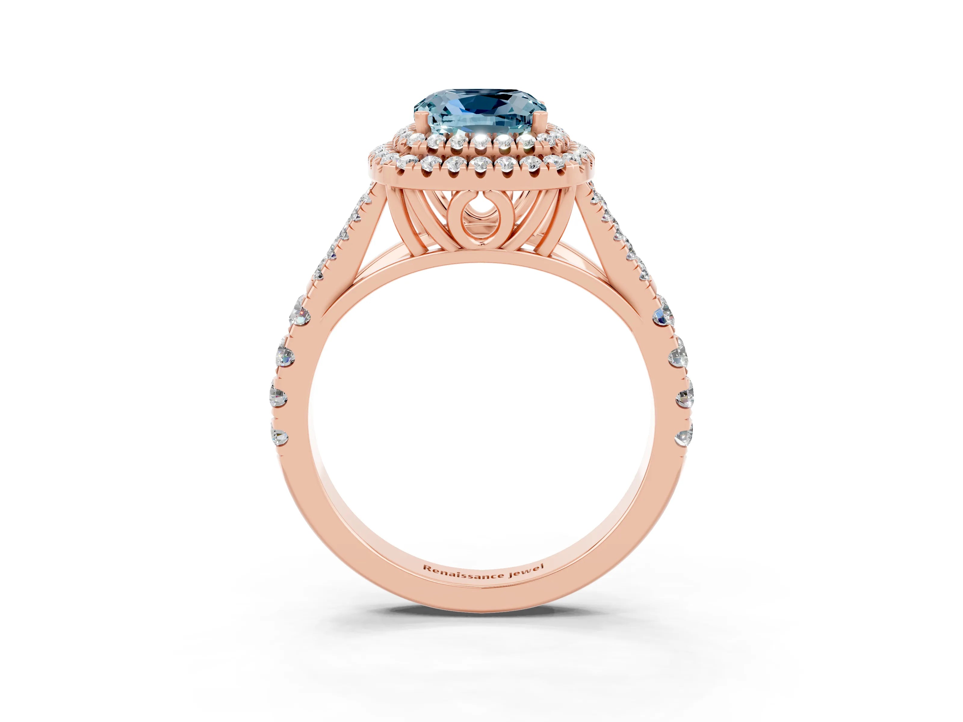 Rose gold Double Halo Cushion Cut Aquamarine Pavé Split Shank Ring with Prong Setting_3