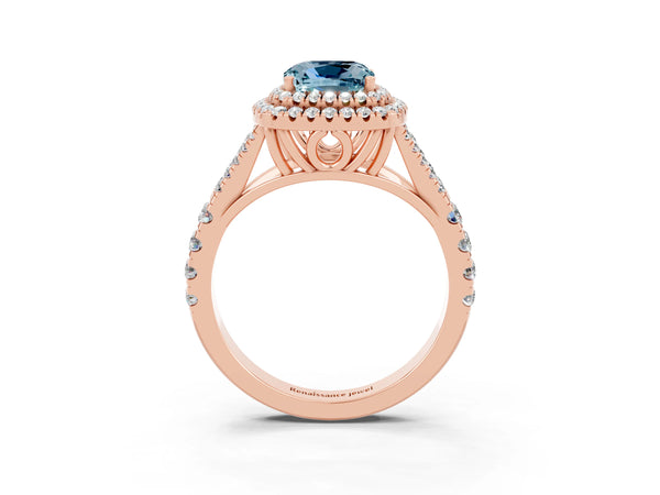 Rose gold Double Halo Cushion Cut Aquamarine Pavé Split Shank Ring with Prong Setting