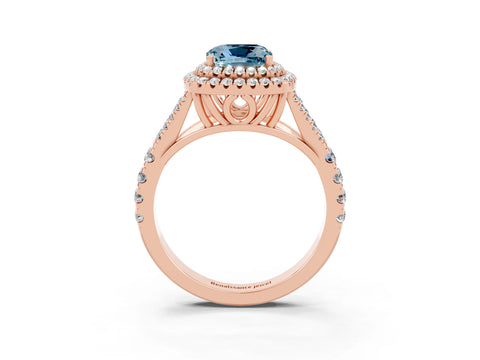 Rose gold Double Halo Cushion Cut Aquamarine Pavé Split Shank Ring with Prong Setting_3