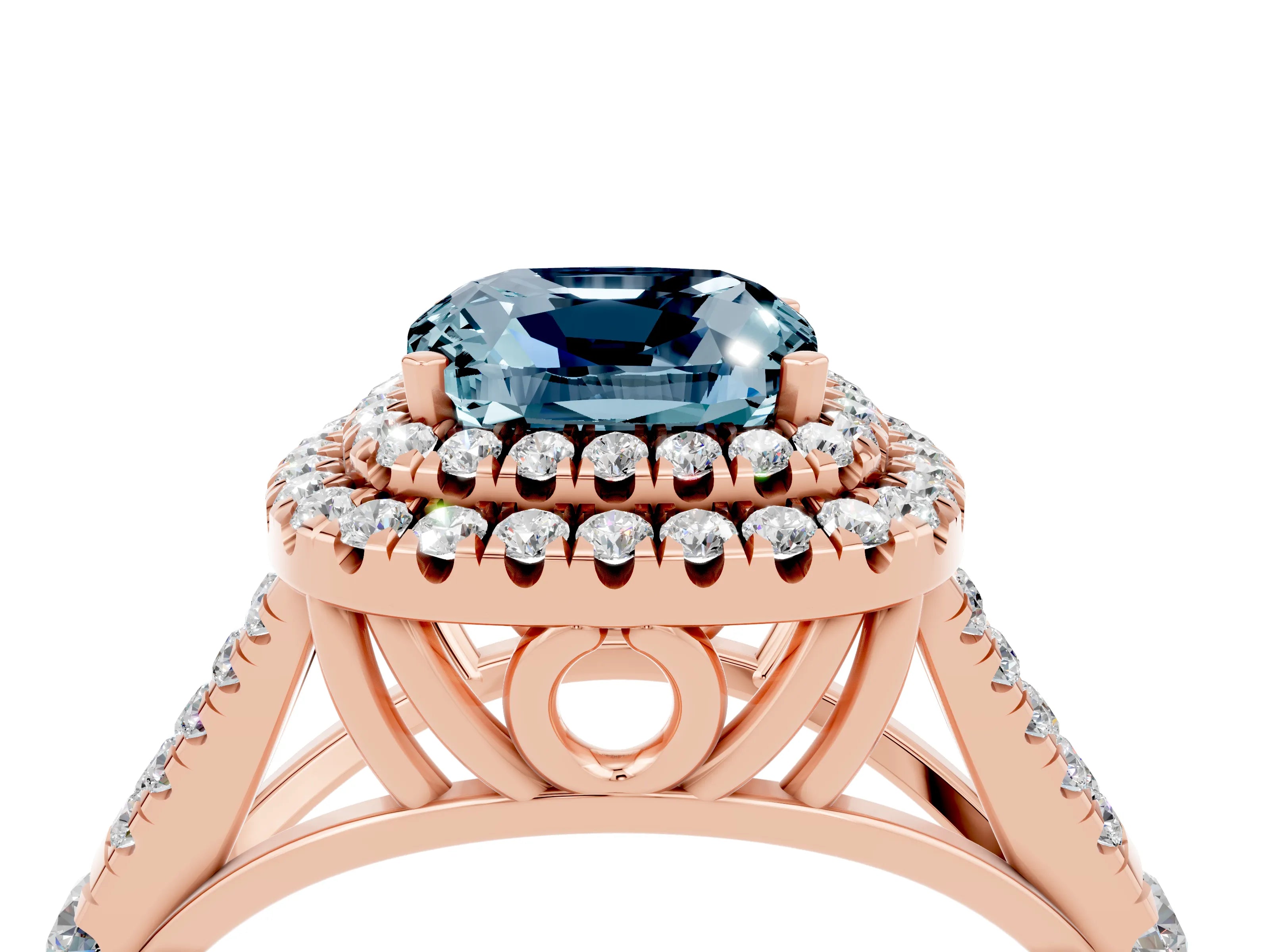 Rose gold Double Halo Cushion Cut Aquamarine Pavé Split Shank Ring with Prong Setting_4
