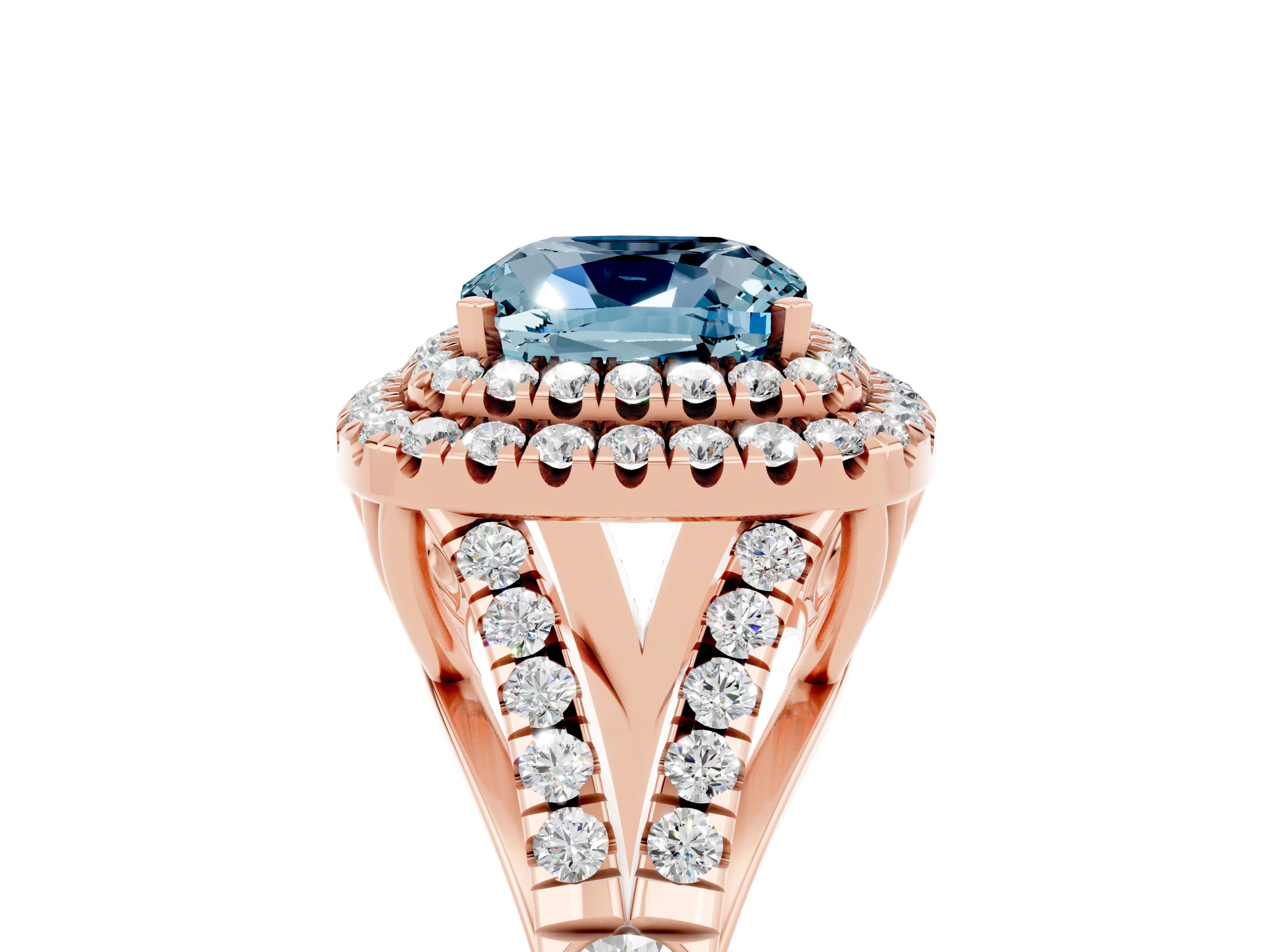 Rose gold Double Halo Cushion Cut Aquamarine Pavé Split Shank Ring with Prong Setting_5