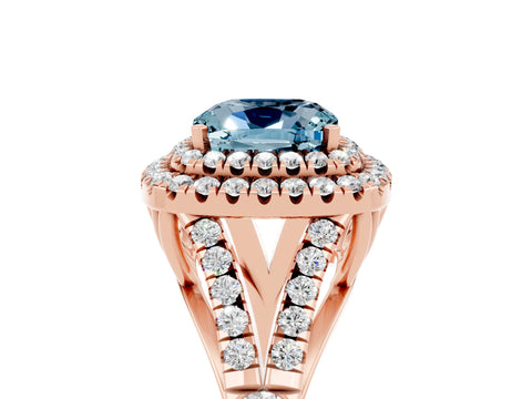Rose gold Double Halo Cushion Cut Aquamarine Pavé Split Shank Ring with Prong Setting_5