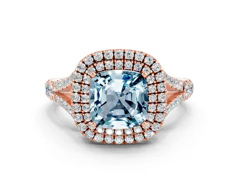 Rose gold Double Halo Cushion Cut Aquamarine Pavé Split Shank Ring with Prong Setting
