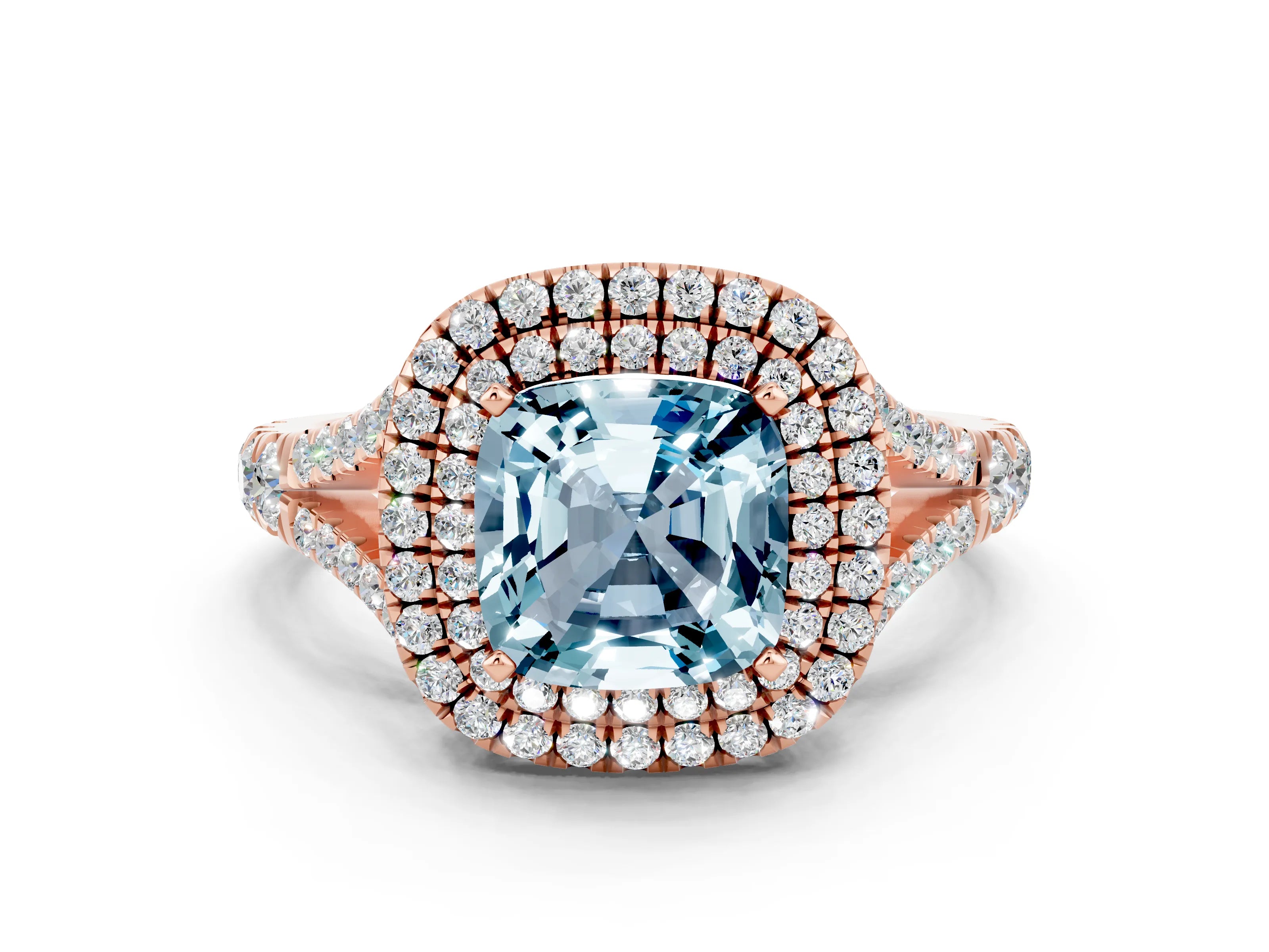 Rose gold Double Halo Cushion Cut Aquamarine Split Shank Engagement Ring with Four-Prong Setting