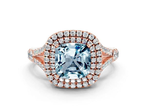 Rose gold Double Halo Cushion Cut Aquamarine Split Shank Engagement Ring with Four-Prong Setting