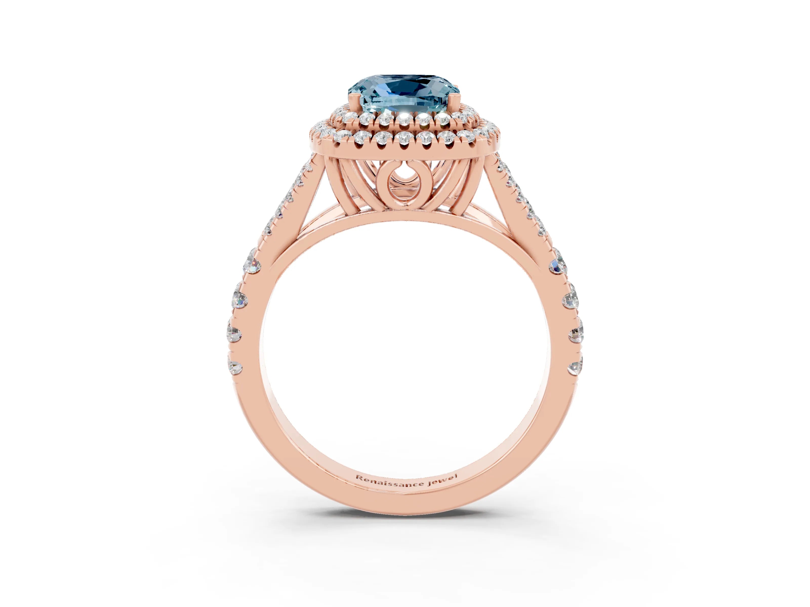 Rose gold Double Halo Cushion Cut Aquamarine Split Shank Engagement Ring with Four-Prong Setting_3