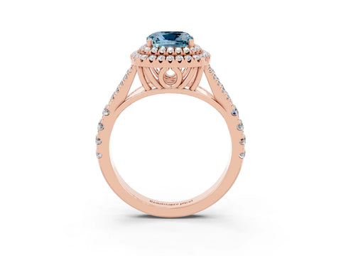 Rose gold Double Halo Cushion Cut Aquamarine Split Shank Engagement Ring with Four-Prong Setting_3