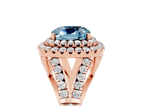 Rose gold Double Halo Cushion Cut Aquamarine Split Shank Engagement Ring with Four-Prong Setting_5