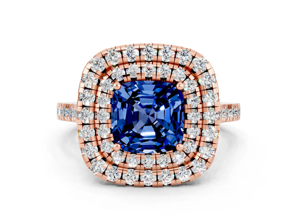 Rose gold Double Halo Cushion Cut Blue Sapphire Pavé Band with Four-Prong Setting