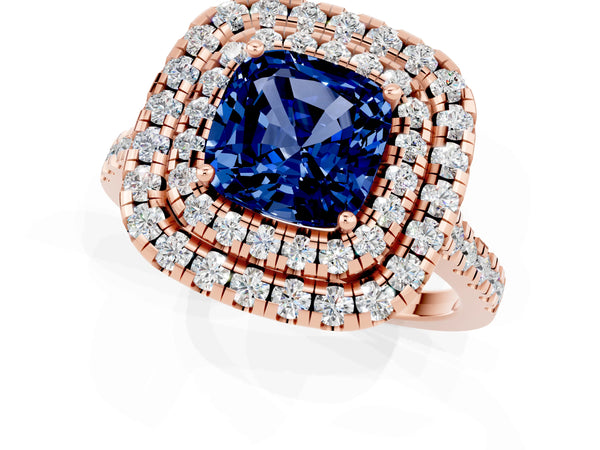 Rose gold Double Halo Cushion Cut Blue Sapphire Pavé Band with Four-Prong Setting