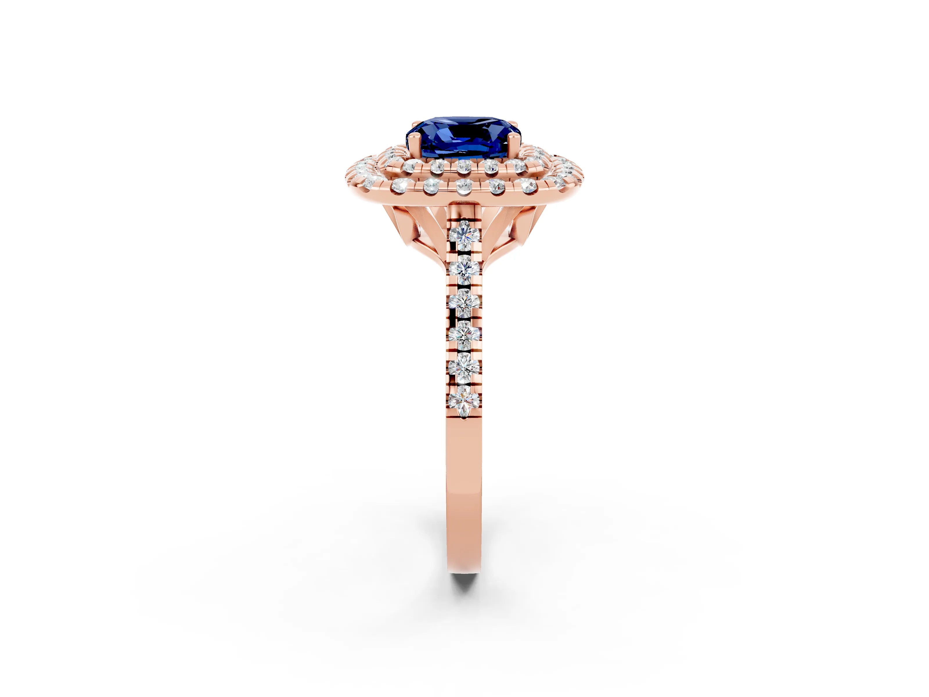 Rose gold Double Halo Cushion Cut Blue Sapphire Pavé Band with Four-Prong Setting_2