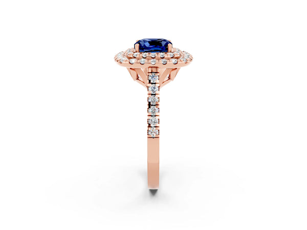 Rose gold Double Halo Cushion Cut Blue Sapphire Pavé Band with Four-Prong Setting