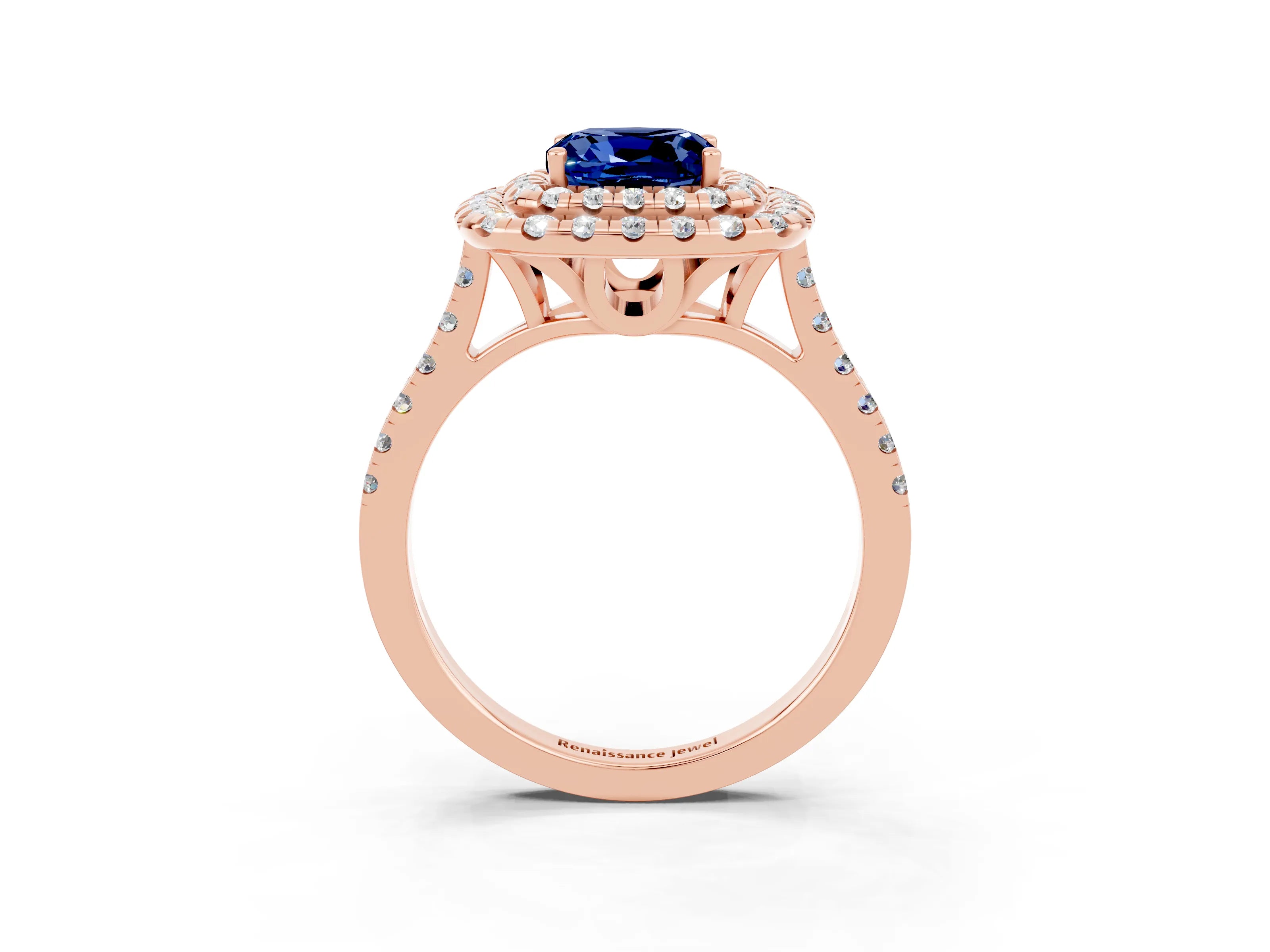 Rose gold Double Halo Cushion Cut Blue Sapphire Pavé Band with Four-Prong Setting_3