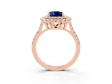 Rose gold Double Halo Cushion Cut Blue Sapphire Pavé Band with Four-Prong Setting_3