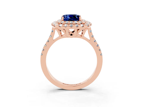 Rose gold Double Halo Cushion Cut Blue Sapphire Pavé Band with Four-Prong Setting_3