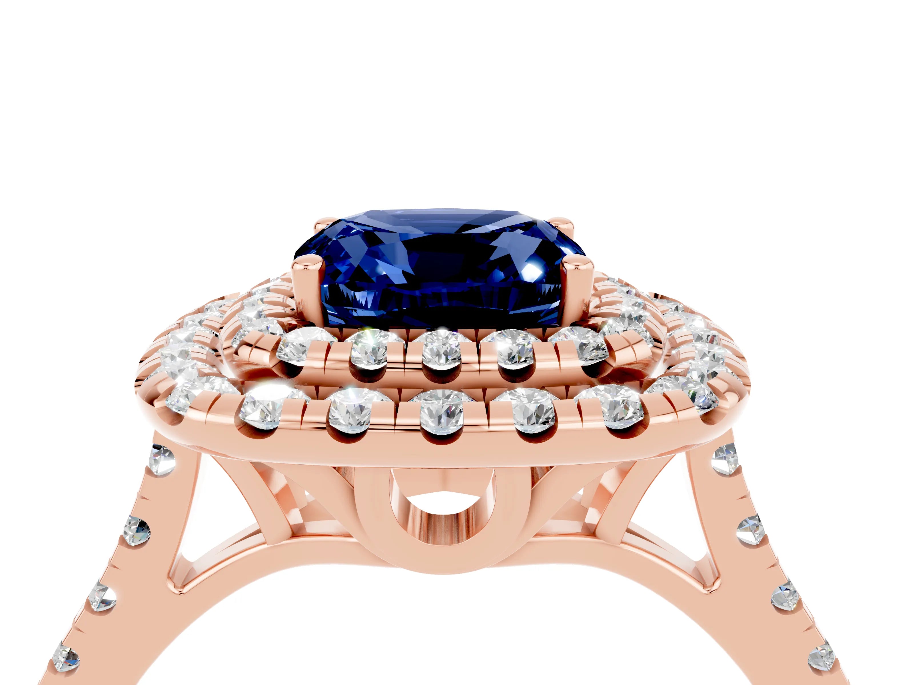 Rose gold Double Halo Cushion Cut Blue Sapphire Pavé Band with Four-Prong Setting_4