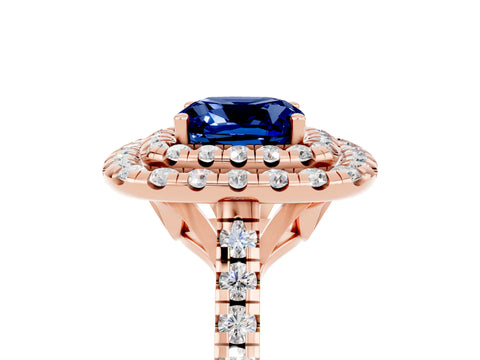 Rose gold Double Halo Cushion Cut Blue Sapphire Pavé Band with Four-Prong Setting_5