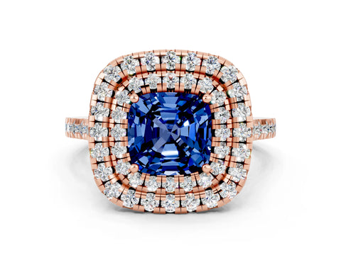 Rose gold Double Halo Cushion Cut Blue Sapphire Pavé Band with Four-Prong Setting