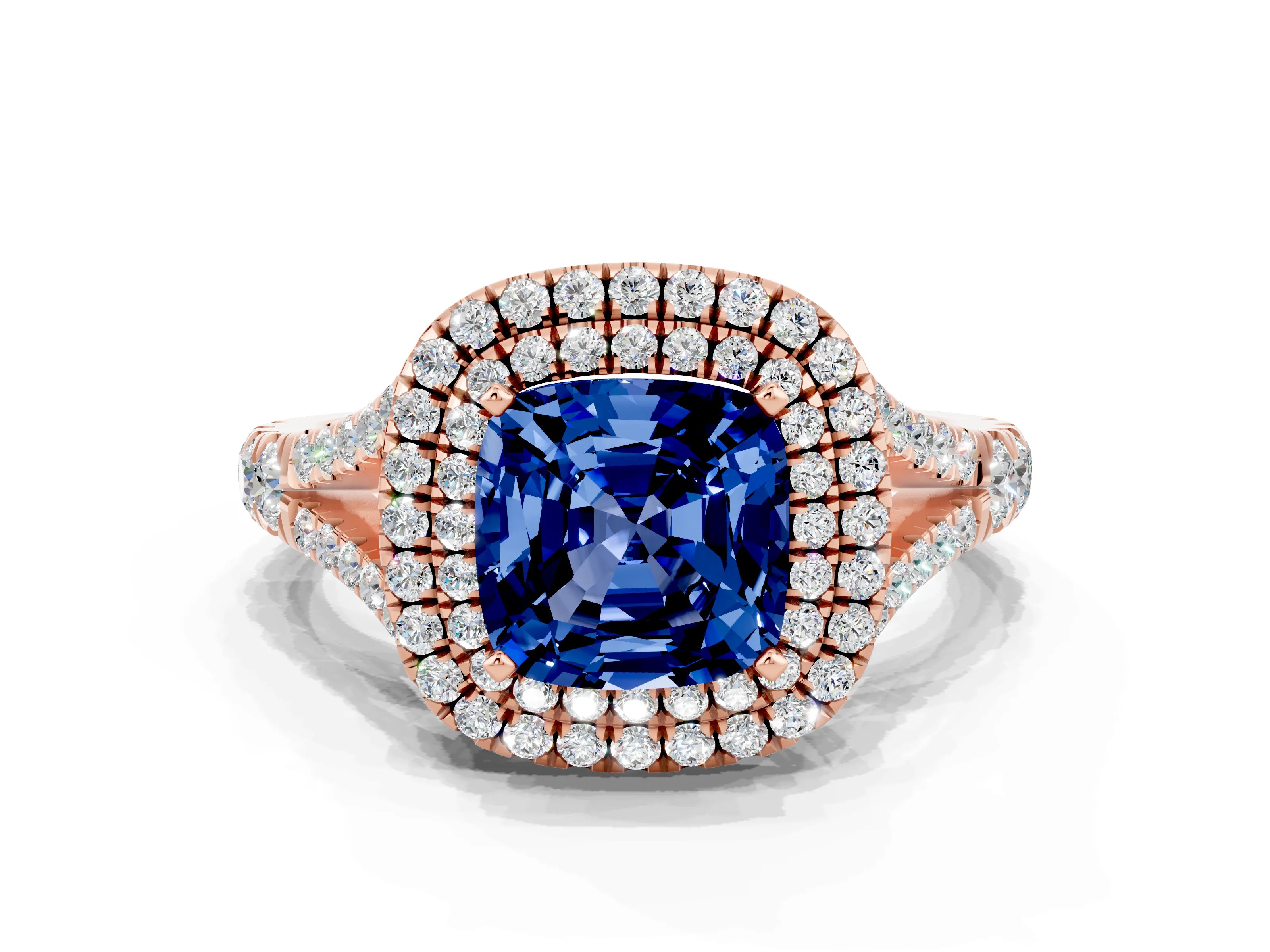 Rose gold Double Halo Cushion Cut Blue Sapphire Pavé Split Shank Ring with Prong Setting