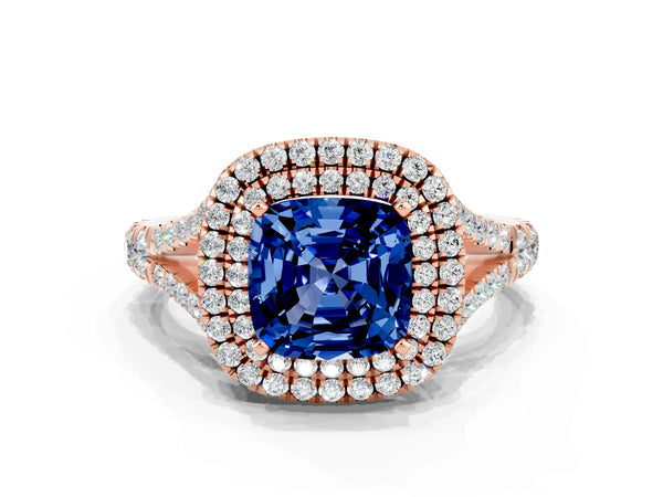 Rose gold Double Halo Cushion Cut Blue Sapphire Pavé Split Shank Ring with Prong Setting
