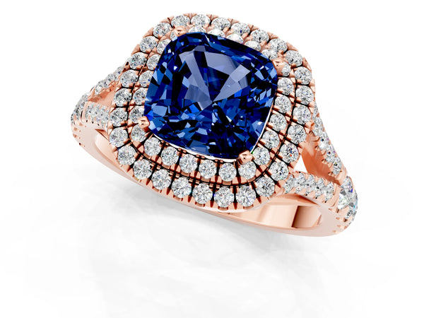 Rose gold Double Halo Cushion Cut Blue Sapphire Pavé Split Shank Ring with Prong Setting