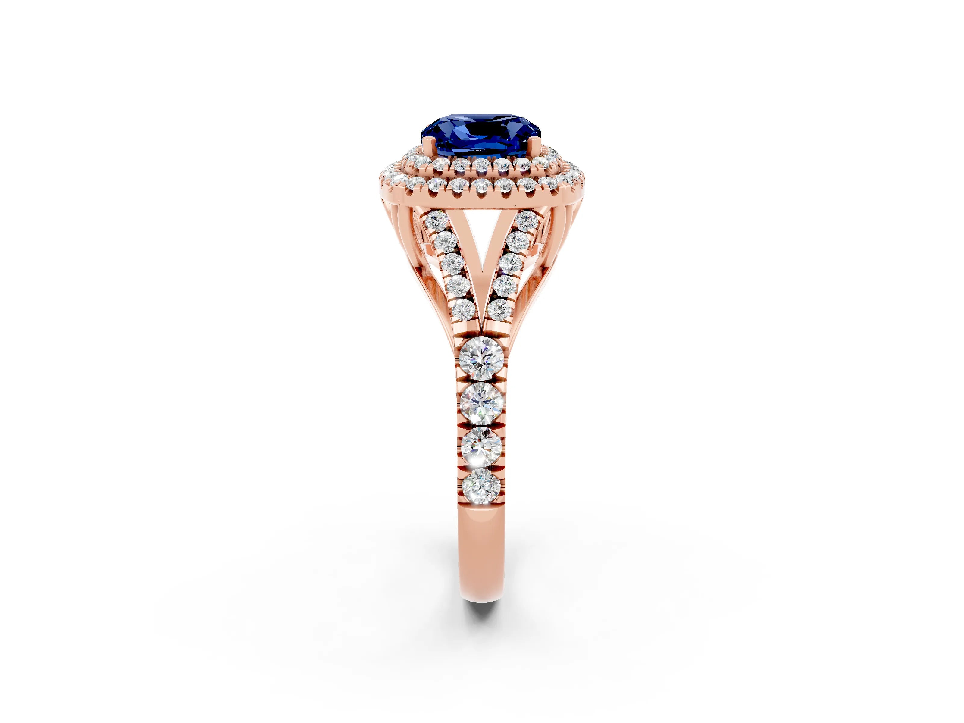 Rose gold Double Halo Cushion Cut Blue Sapphire Pavé Split Shank Ring with Prong Setting_2