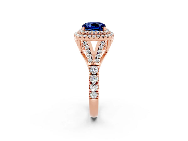 Rose gold Double Halo Cushion Cut Blue Sapphire Pavé Split Shank Ring with Prong Setting