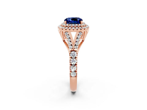 Rose gold Double Halo Cushion Cut Blue Sapphire Pavé Split Shank Ring with Prong Setting_2