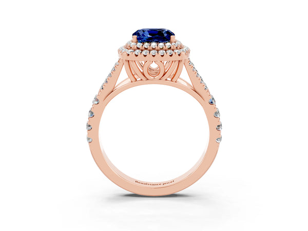 Rose gold Double Halo Cushion Cut Blue Sapphire Pavé Split Shank Ring with Prong Setting