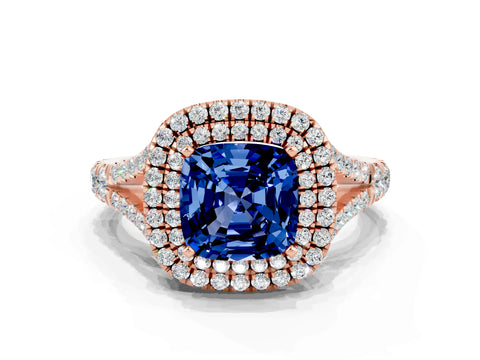 Rose gold Double Halo Cushion Cut Blue Sapphire Pavé Split Shank Ring with Prong Setting