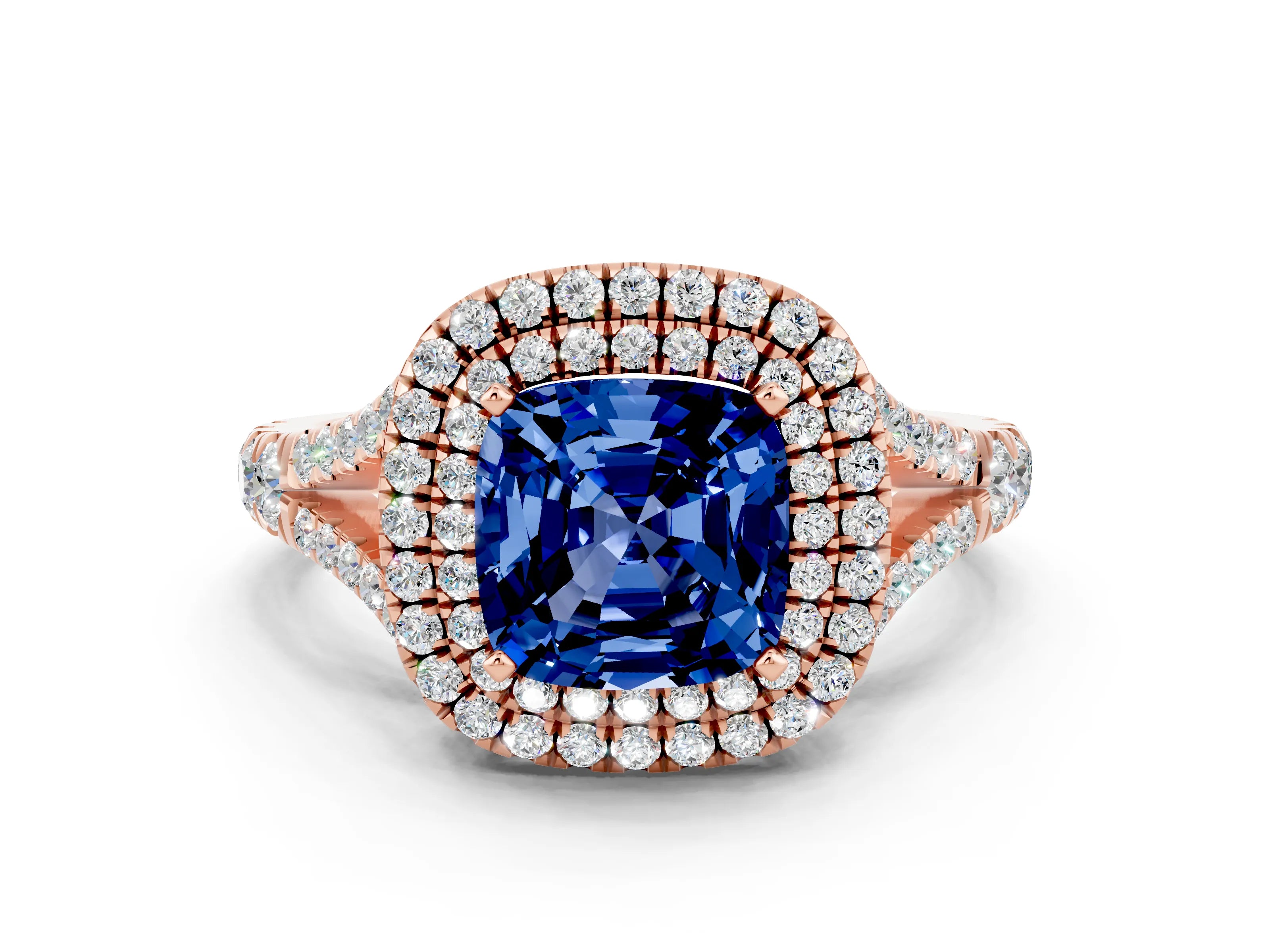 Rose gold Double Halo Cushion Cut Blue Sapphire Split Shank Engagement Ring with Four-Prong Setting