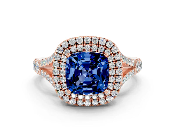Rose gold Double Halo Cushion Cut Blue Sapphire Split Shank Engagement Ring with Four-Prong Setting