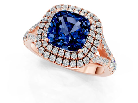 Rose gold Double Halo Cushion Cut Blue Sapphire Split Shank Engagement Ring with Four-Prong Setting_1