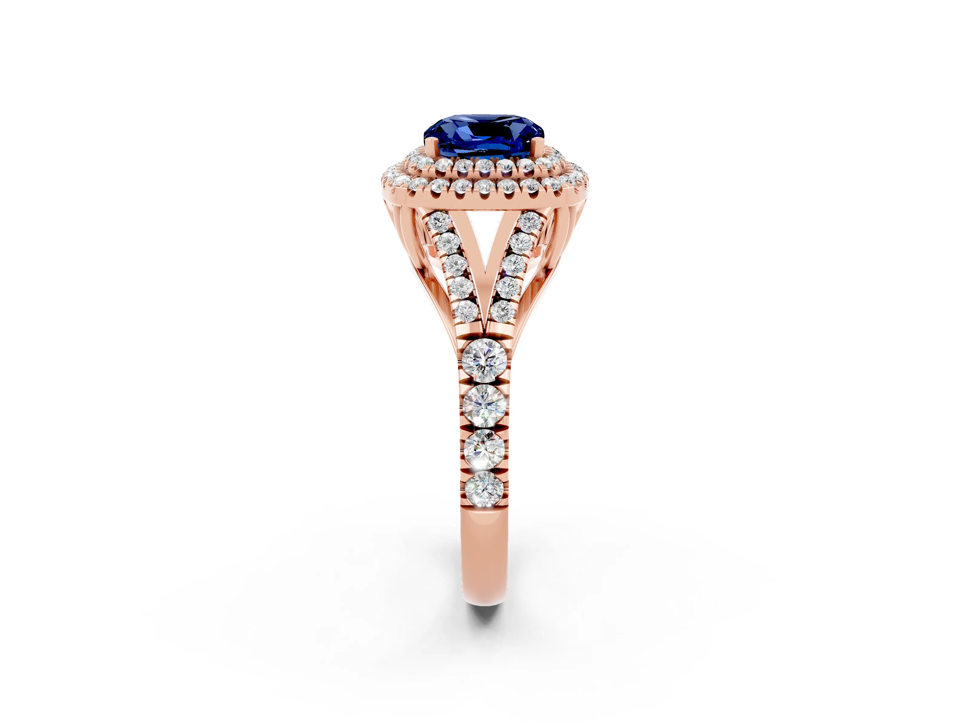 Rose gold Double Halo Cushion Cut Blue Sapphire Split Shank Engagement Ring with Four-Prong Setting_2