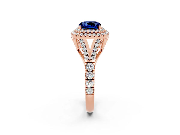 Rose gold Double Halo Cushion Cut Blue Sapphire Split Shank Engagement Ring with Four-Prong Setting