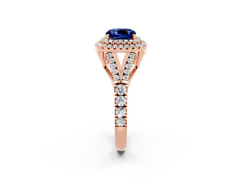 Rose gold Double Halo Cushion Cut Blue Sapphire Split Shank Engagement Ring with Four-Prong Setting_2