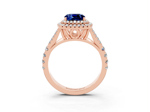 Rose gold Double Halo Cushion Cut Blue Sapphire Split Shank Engagement Ring with Four-Prong Setting