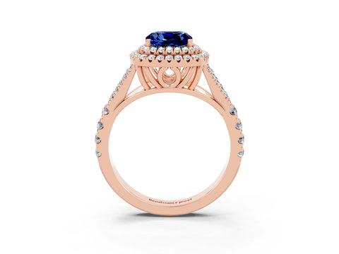 Rose gold Double Halo Cushion Cut Blue Sapphire Split Shank Engagement Ring with Four-Prong Setting_3