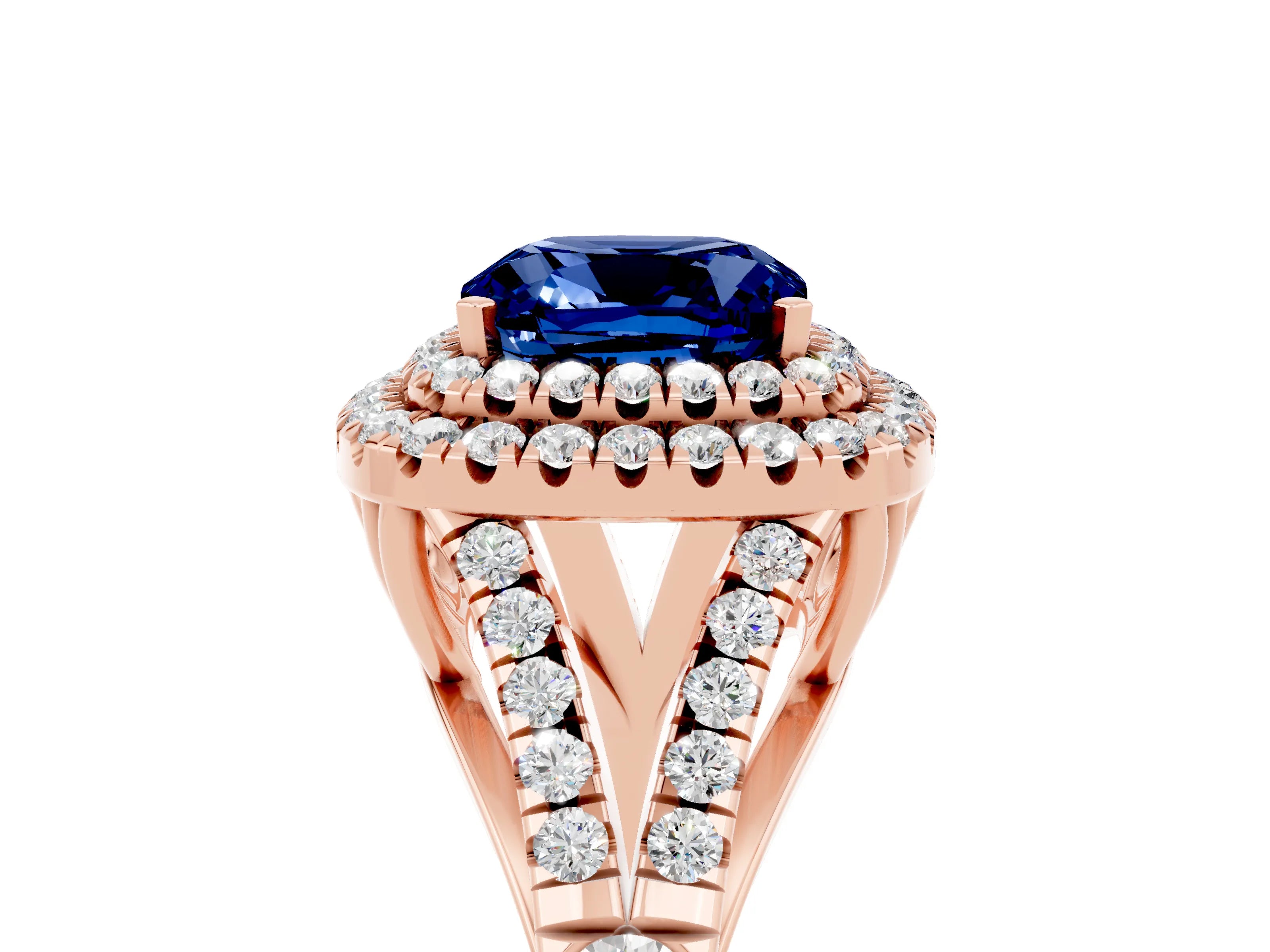 Rose gold Double Halo Cushion Cut Blue Sapphire Split Shank Engagement Ring with Four-Prong Setting_5