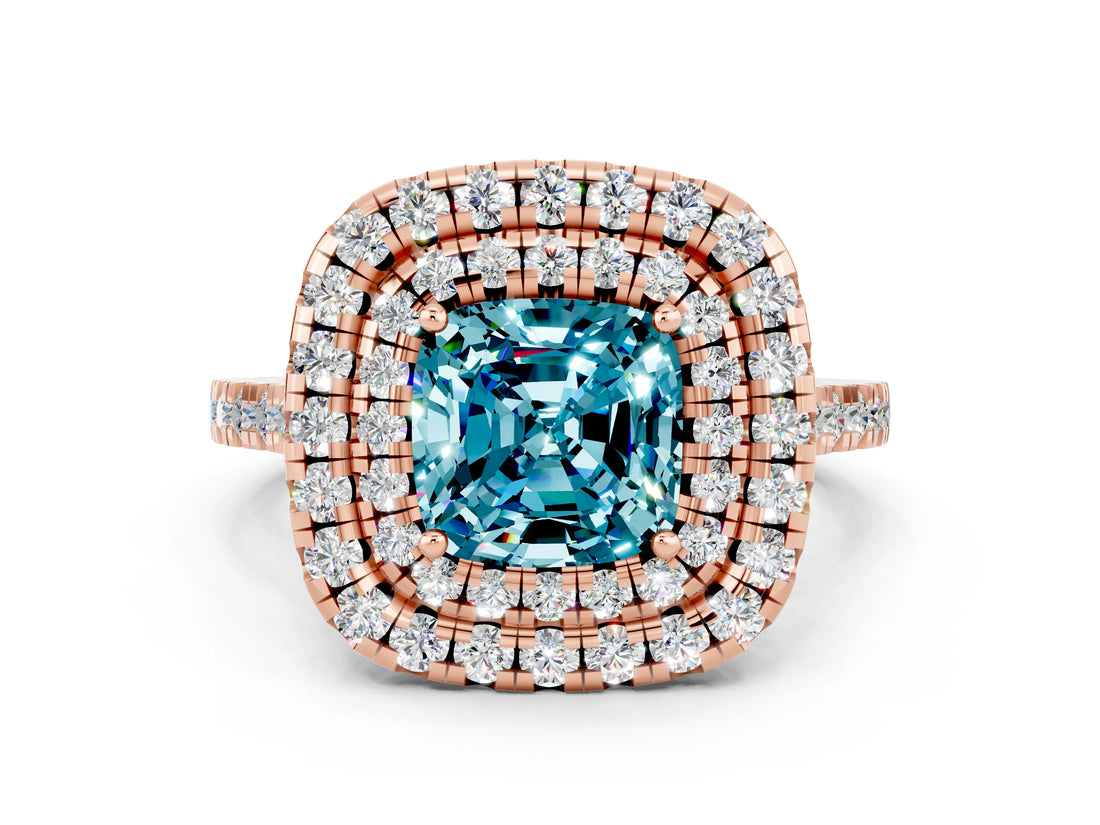 Rose gold Double Halo Cushion Cut Blue Topaz Pavé Band with Four-Prong Setting