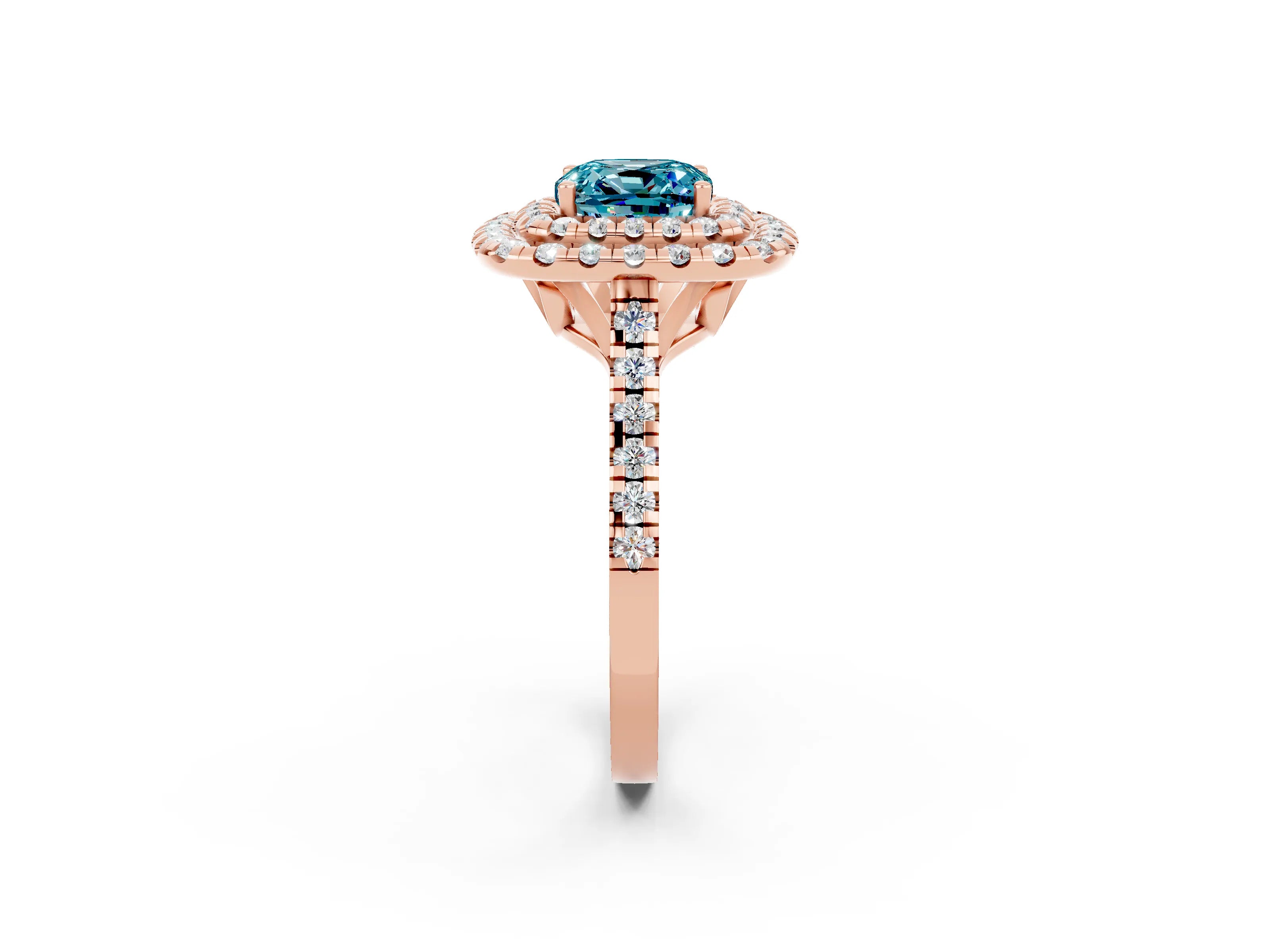Rose gold Double Halo Cushion Cut Blue Topaz Pavé Band with Four-Prong Setting_2