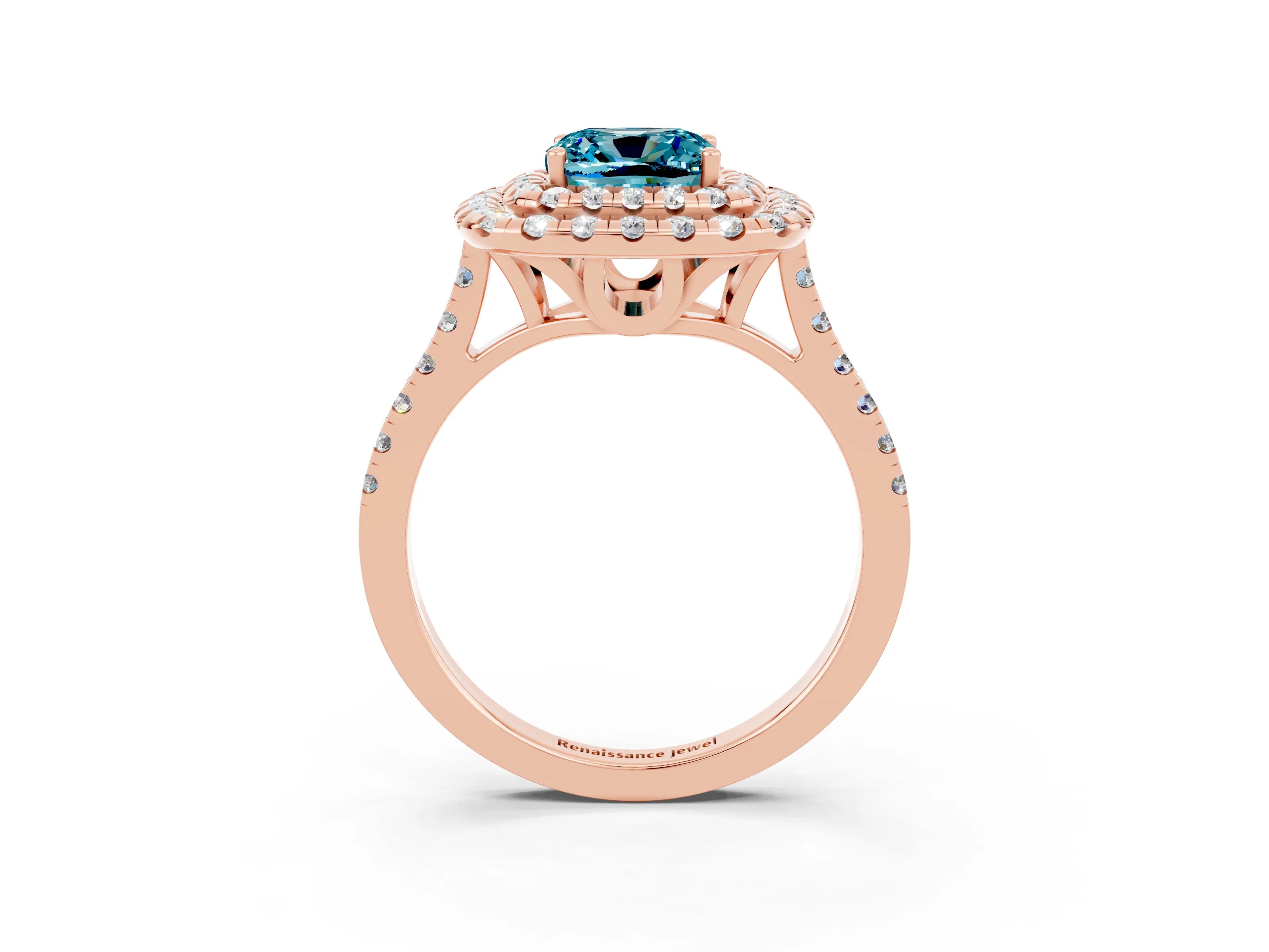 Rose gold Double Halo Cushion Cut Blue Topaz Pavé Band with Four-Prong Setting_3
