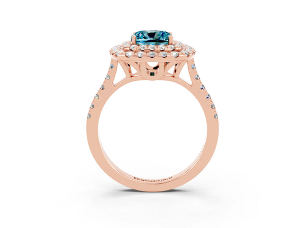 Rose gold Double Halo Cushion Cut Blue Topaz Pavé Band with Four-Prong Setting