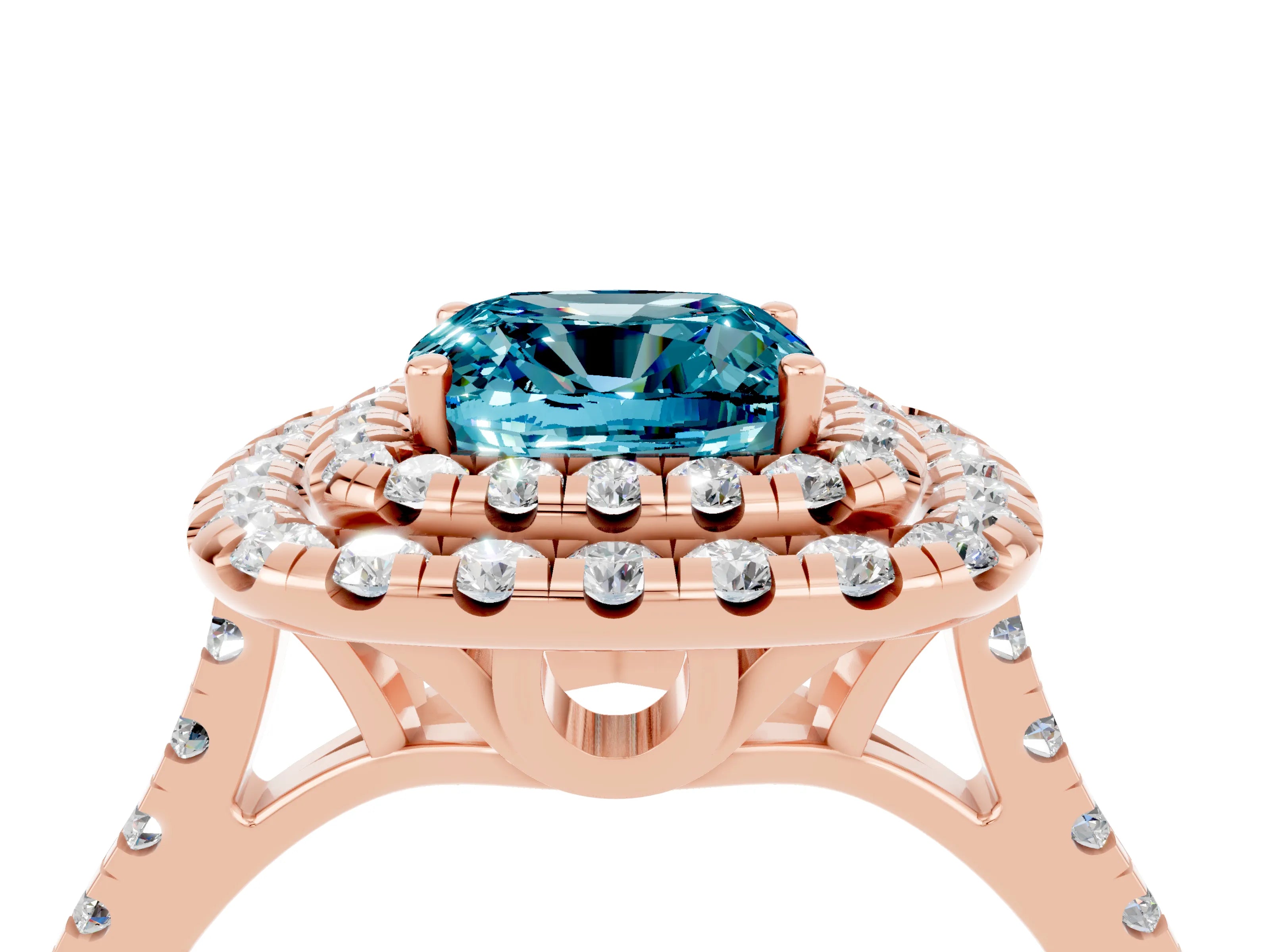 Rose gold Double Halo Cushion Cut Blue Topaz Pavé Band with Four-Prong Setting_4