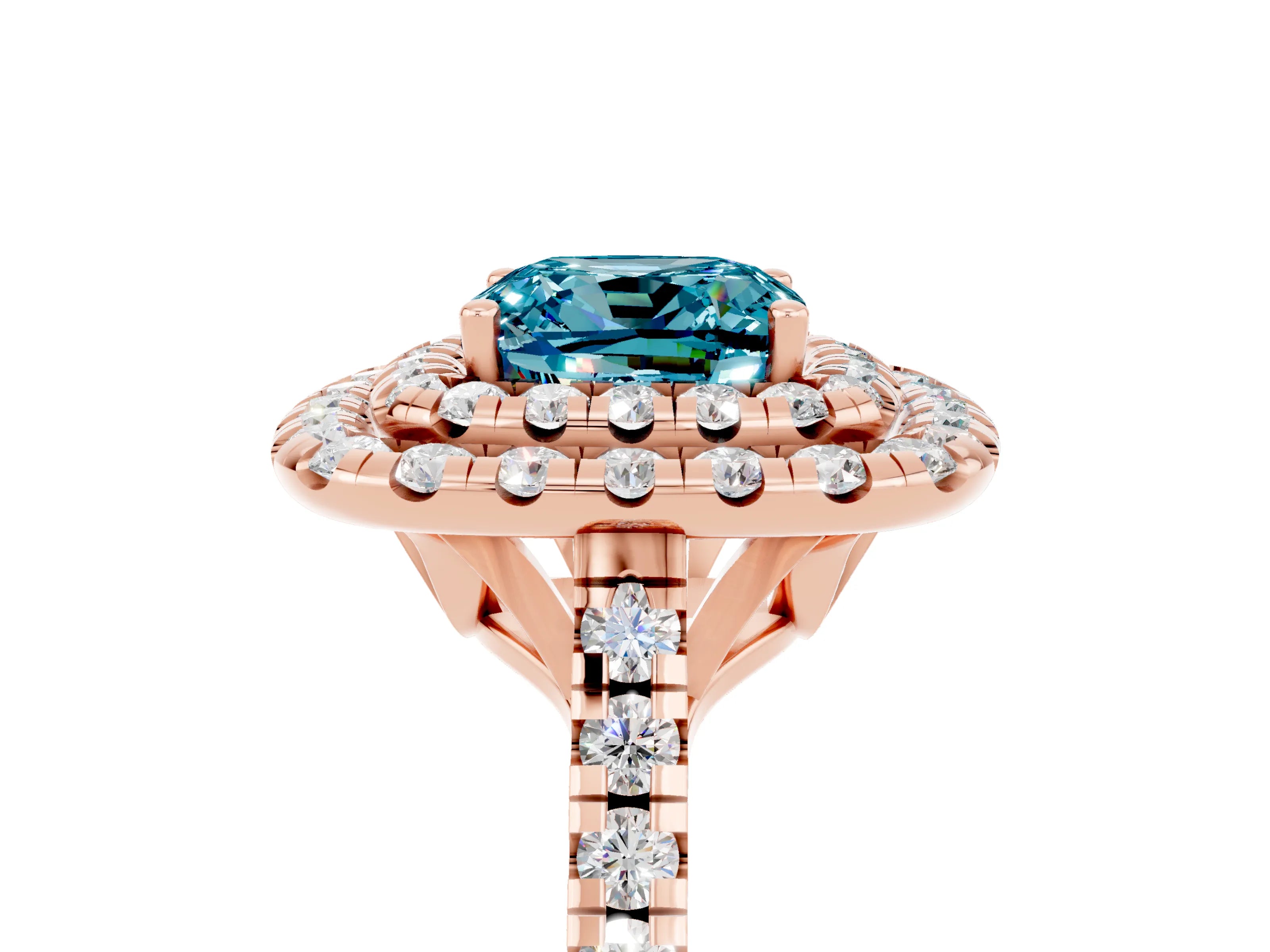 Rose gold Double Halo Cushion Cut Blue Topaz Pavé Band with Four-Prong Setting_5