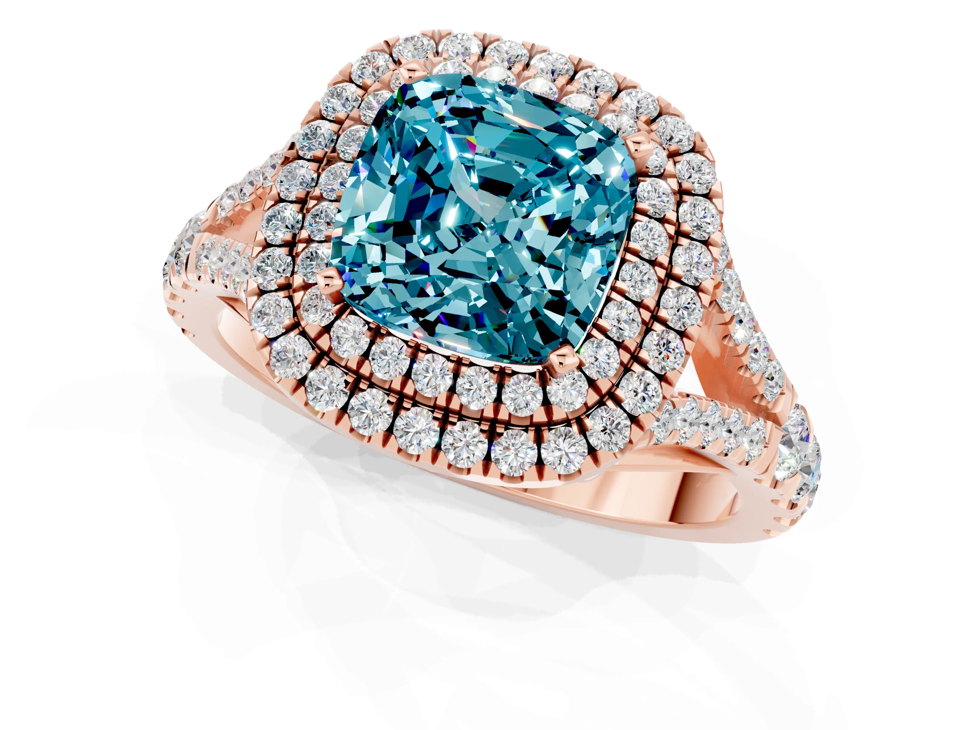 Rose gold Double Halo Cushion Cut Blue Topaz Pavé Split Shank Ring with Prong Setting_1