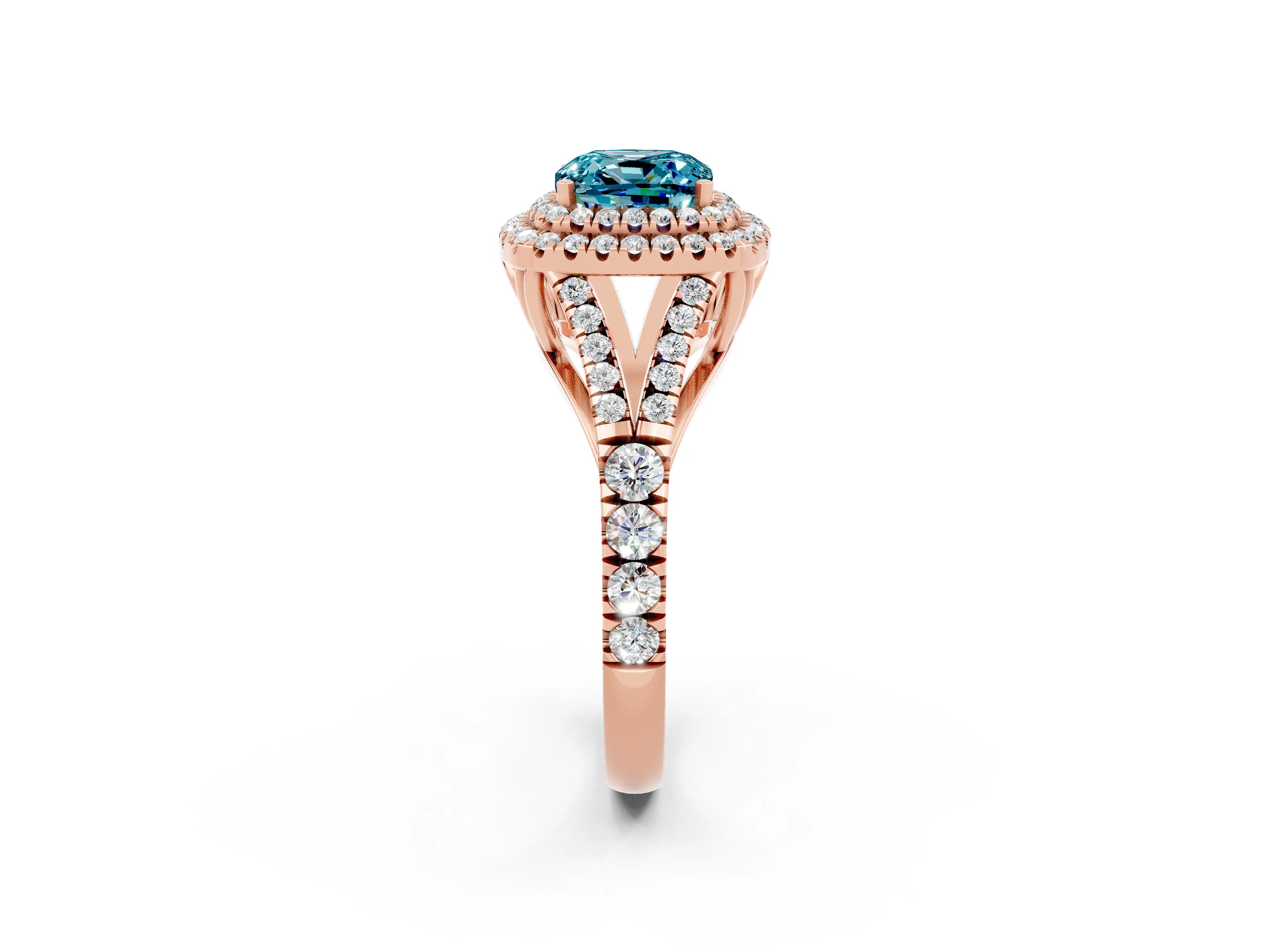 Rose gold Double Halo Cushion Cut Blue Topaz Pavé Split Shank Ring with Prong Setting_2