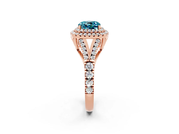 Rose gold Double Halo Cushion Cut Blue Topaz Pavé Split Shank Ring with Prong Setting