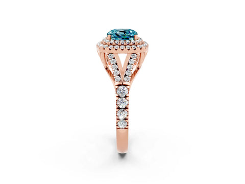 Rose gold Double Halo Cushion Cut Blue Topaz Pavé Split Shank Ring with Prong Setting_2