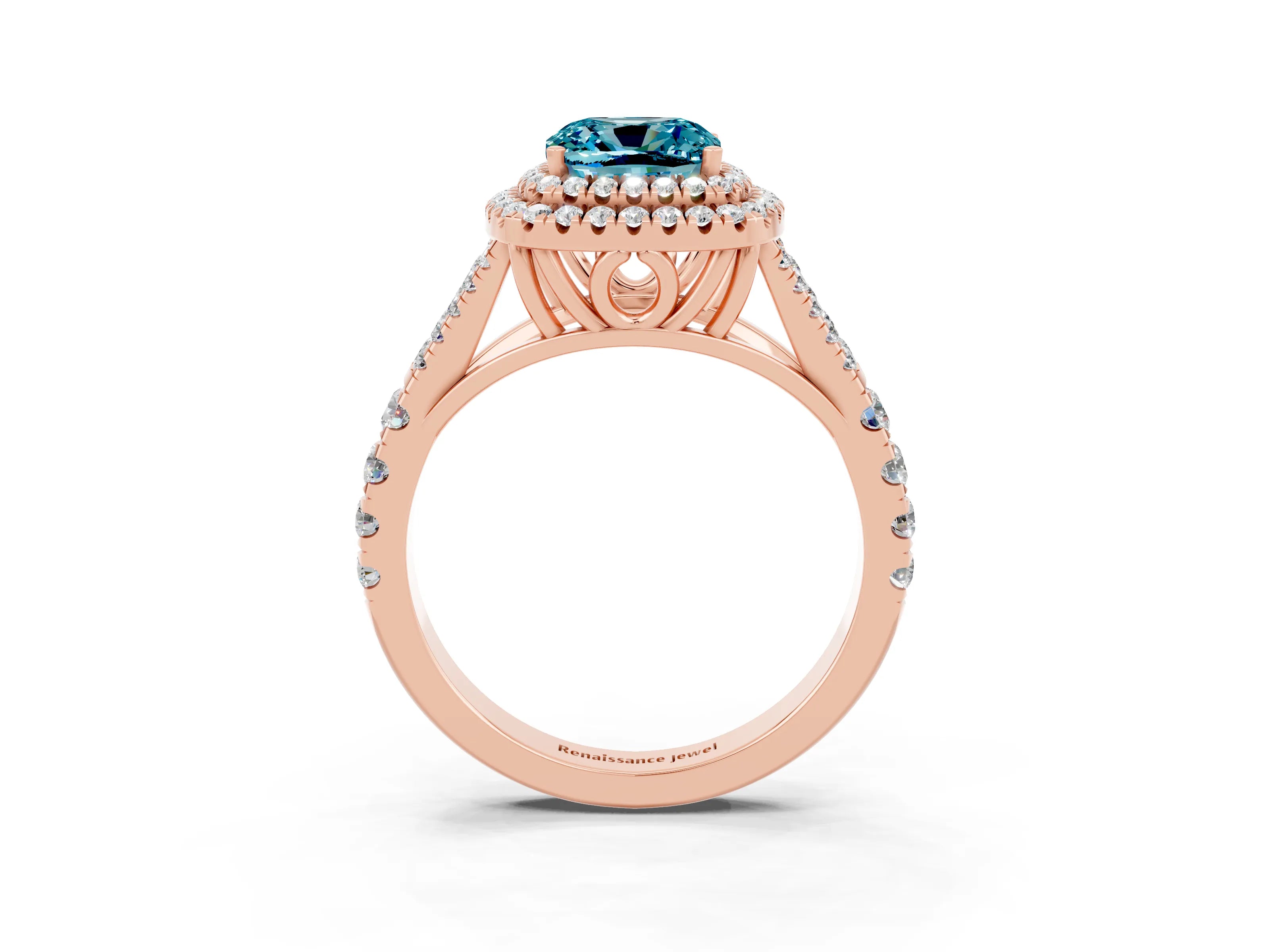 Rose gold Double Halo Cushion Cut Blue Topaz Pavé Split Shank Ring with Prong Setting_3